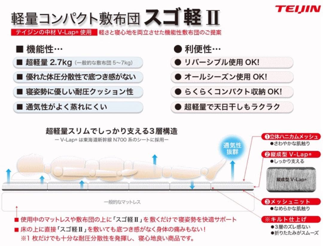 敷き布団 シングル テイジン スゴ軽 2 軽量 日本製 敷布団