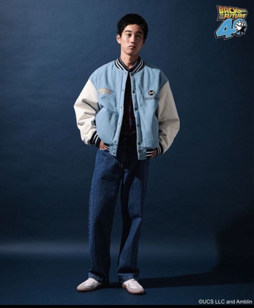 ニコアンド バックトゥザフューチャー BTTF 刺繍スタジャン ライトブルー