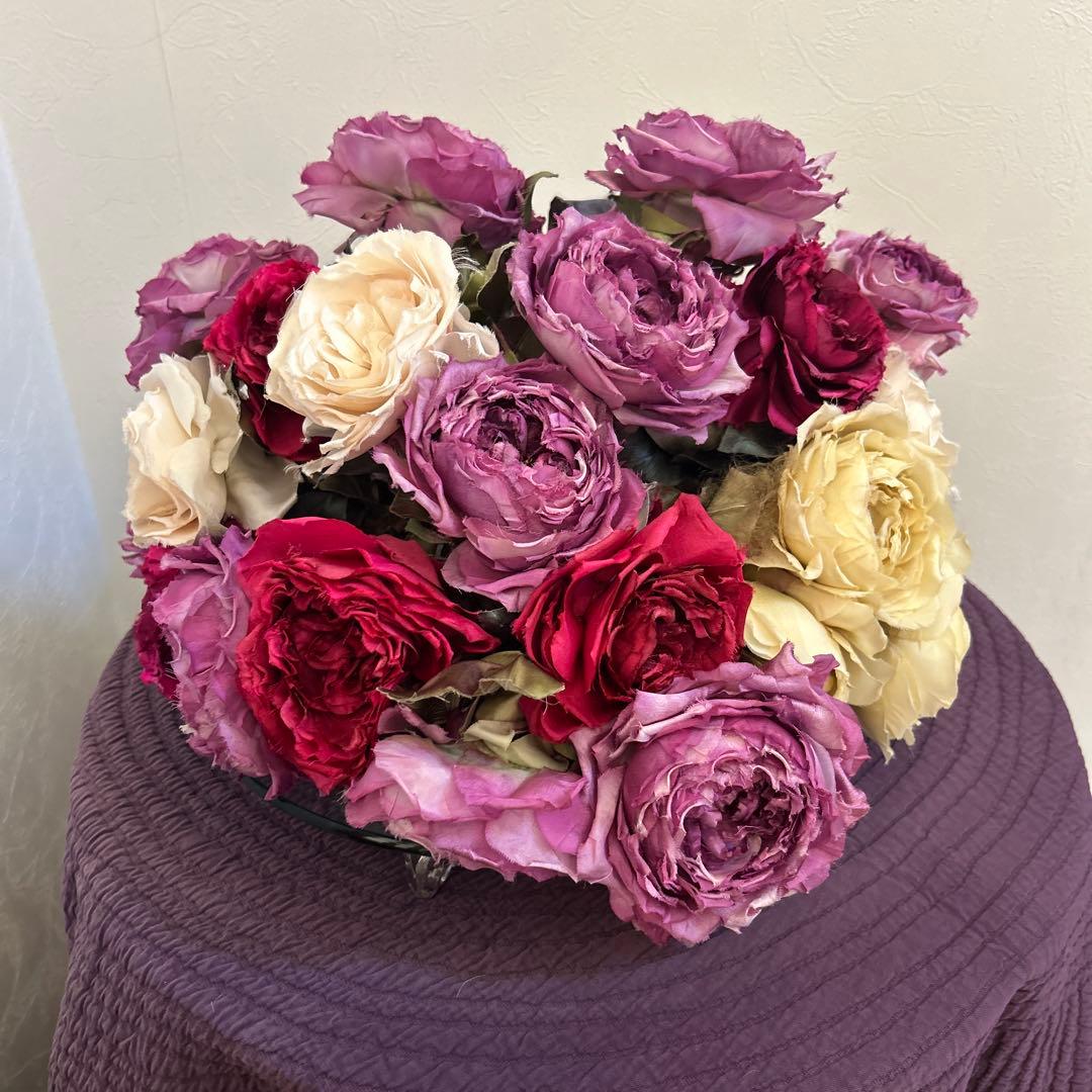 染め花　大輪のバラの花束　アートフラワー　ハンドメイド　リボン付き