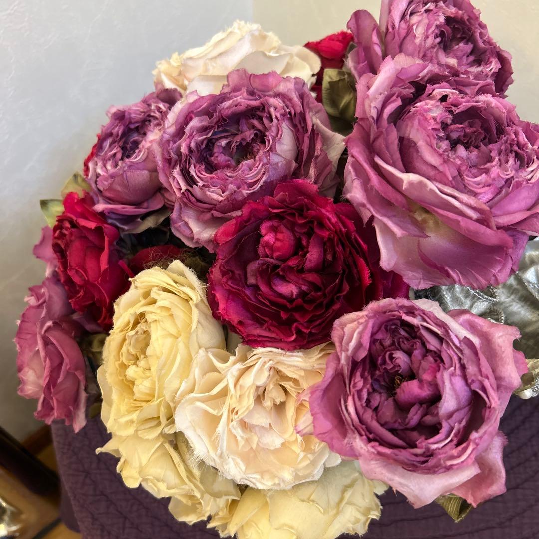 染め花　大輪のバラの花束　アートフラワー　ハンドメイド　リボン付き
