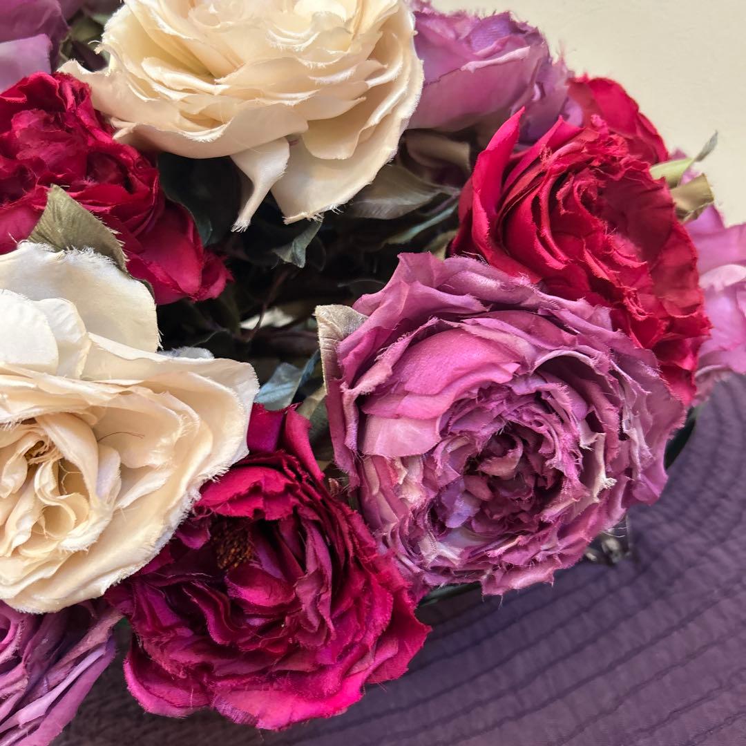 染め花　大輪のバラの花束　アートフラワー　ハンドメイド　リボン付き