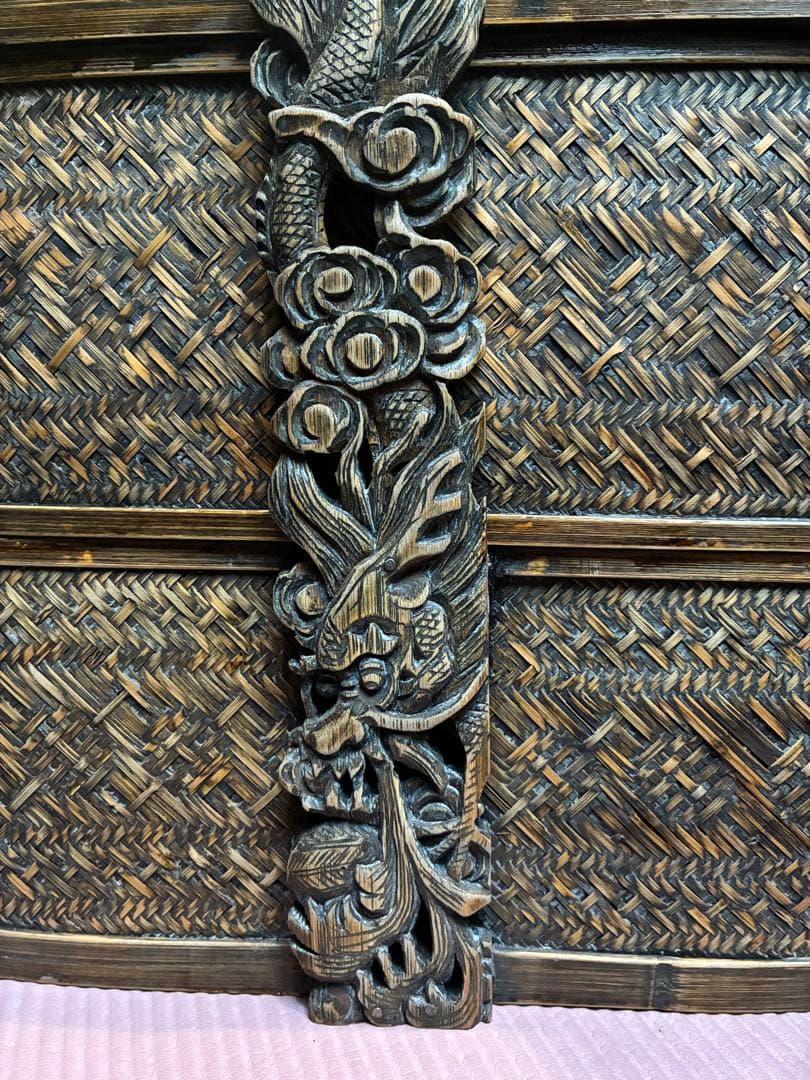 茶道具　煎茶道具入れ　籠　提藍　骨董品　彫刻　木製　網代編み　2段式