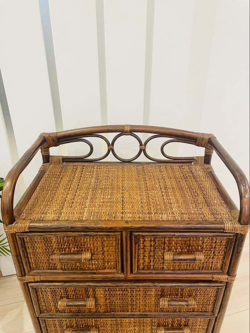 レトロ　ビンテージ　ラタンチェスト　籐家具　4段　引き出し5杯　収納家具　ラタン