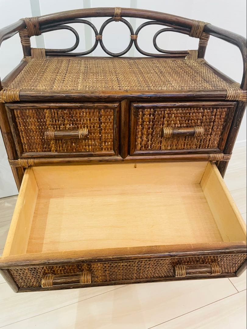 レトロ　ビンテージ　ラタンチェスト　籐家具　4段　引き出し5杯　収納家具　ラタン