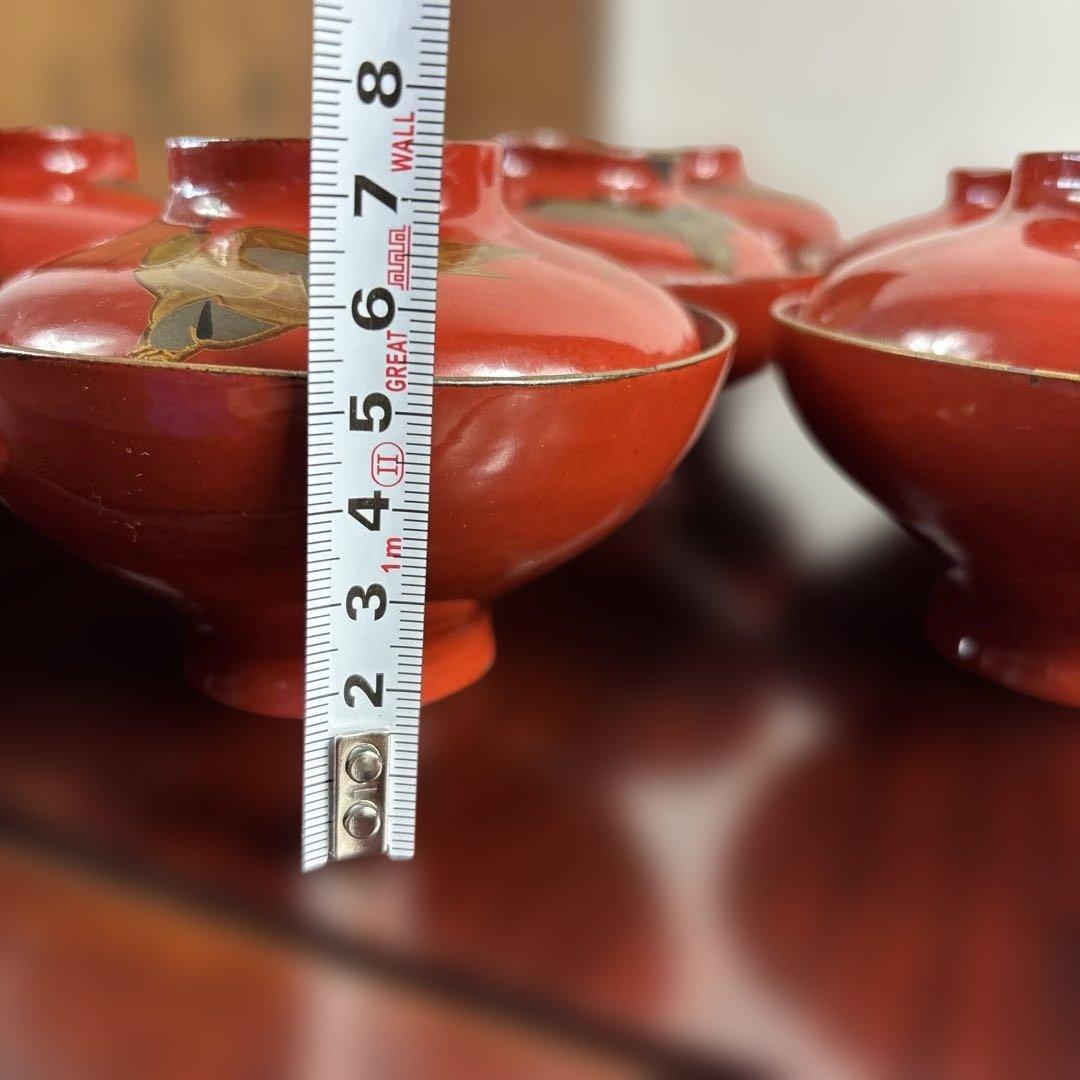 漆器 赤色 金箔装飾 絵変わり和歌 椀 10客セット 共箱