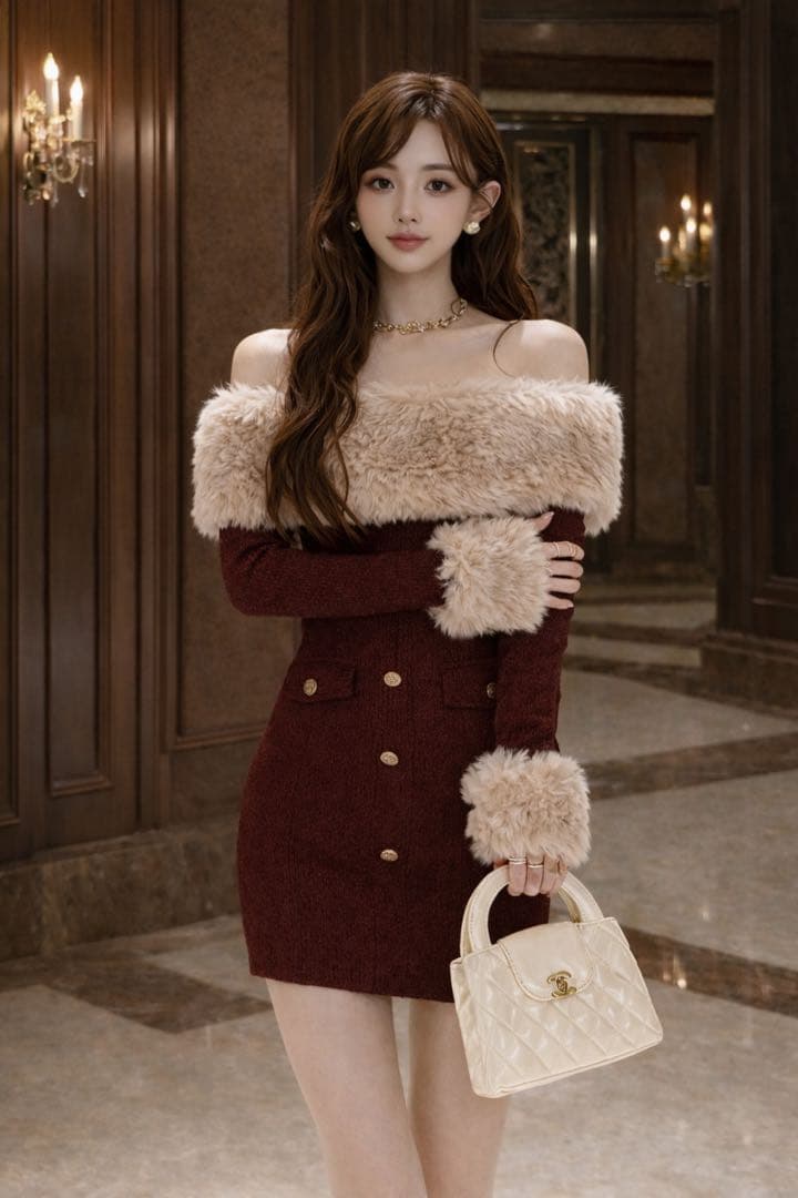 miu系穿搭 オフショル ファー ワンピース ファー 韓国 ワンホン 量産型