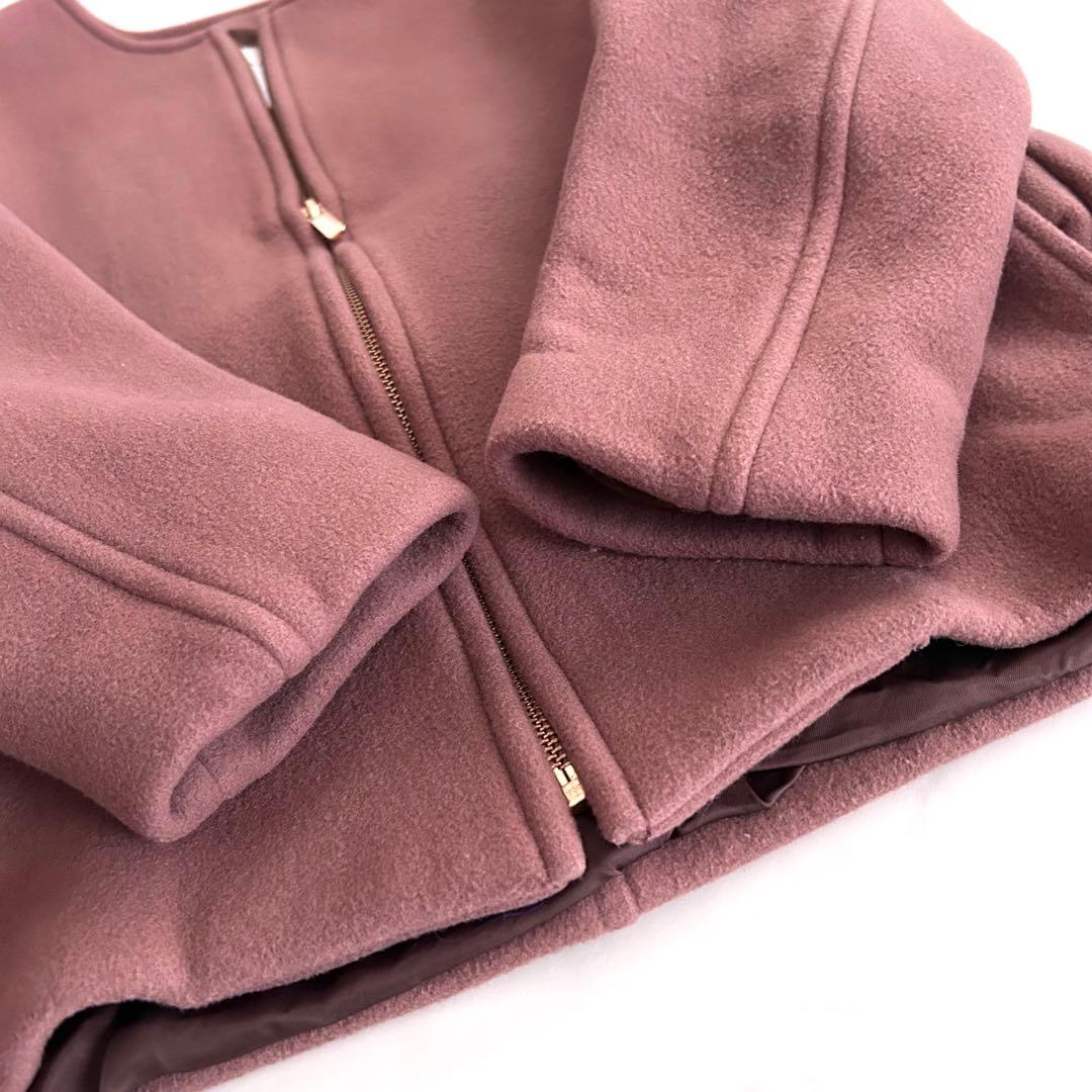 ノーブル Noble カシミヤ混カラーレスジップショートコート ブラウンピンク