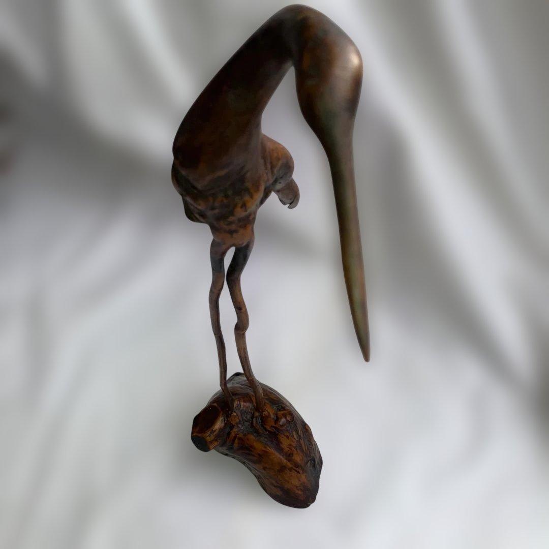 (467)アンティークな木製の鶴と亀さんの枝のアート