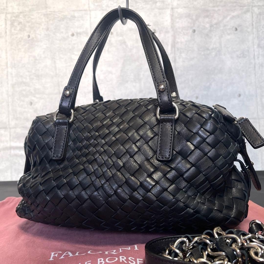 専用品FALORNI イントレチャート ブラック レザー 2WAYハンドバッグ