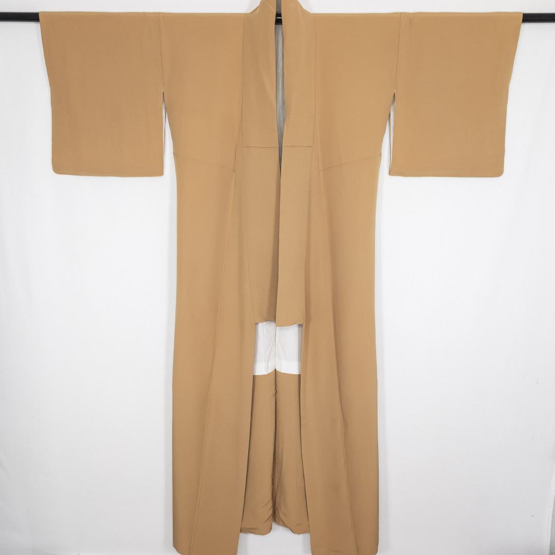 R8SK56 色無地 スコッチガード 家紋 橘 落ち着いた黄土色 シルク 着物