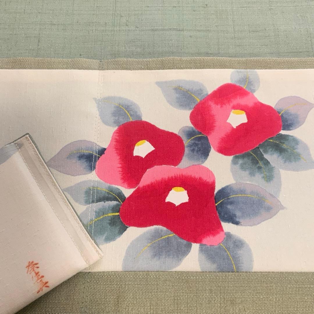 紬帯　赤い椿のお花　リメイク　山葡萄ハンドルバッグ