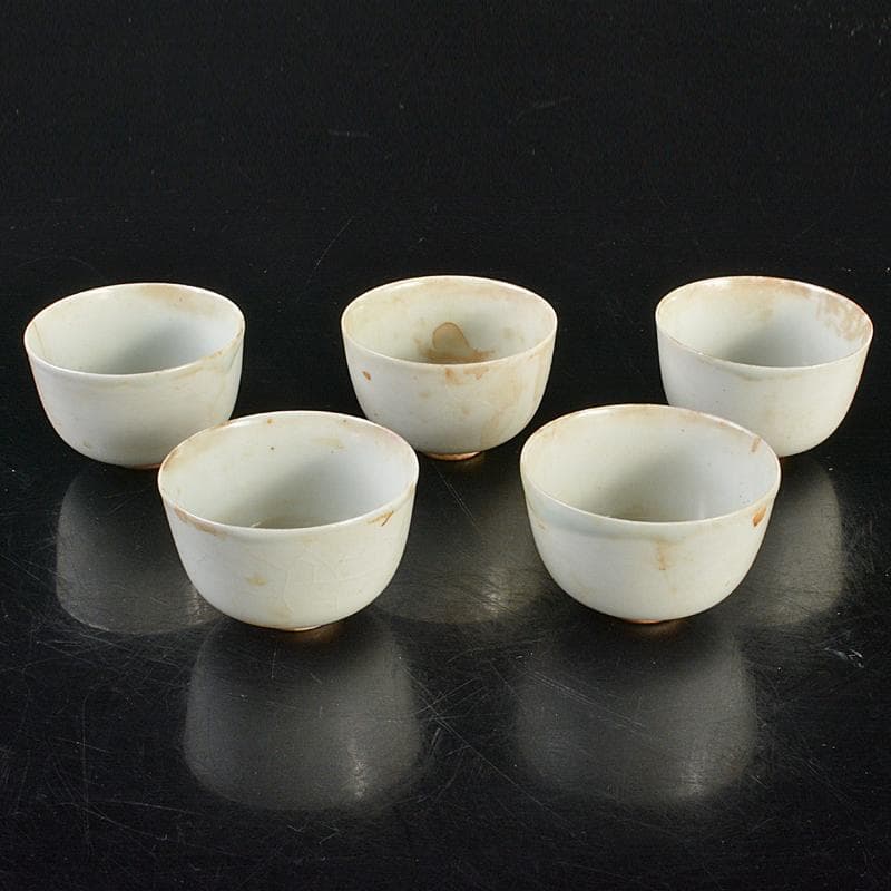 中国　大明成化年製款　青花　煎茶碗　五客　古竹　崇菊銘　碗筒付　D　R6835