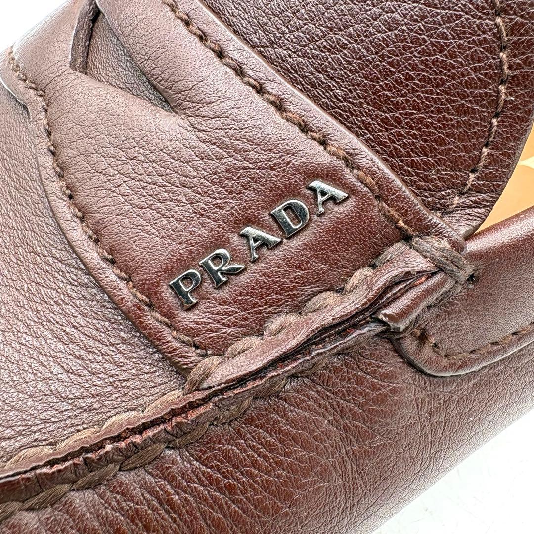 美品✨ PRADA 銀ロゴ ドライビング　ローファー 【7】 茶 シボ