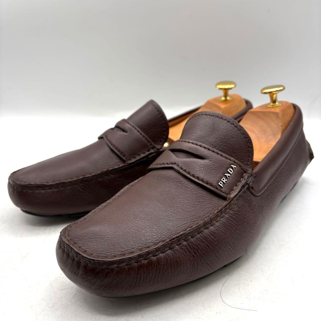美品✨ PRADA 銀ロゴ ドライビング　ローファー 【7】 茶 シボ