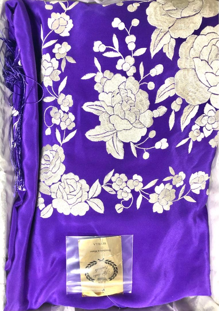 スペイン直輸入★1点物ボルダドスフォロンダ★シルクマントン140cm紫アイボリー