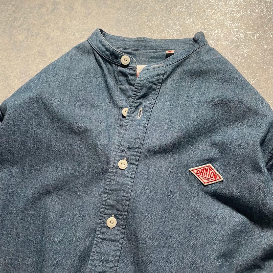 美品 ダントン 日本製 バンドカラー デニムシャツ シャンブレー 40 ブルー