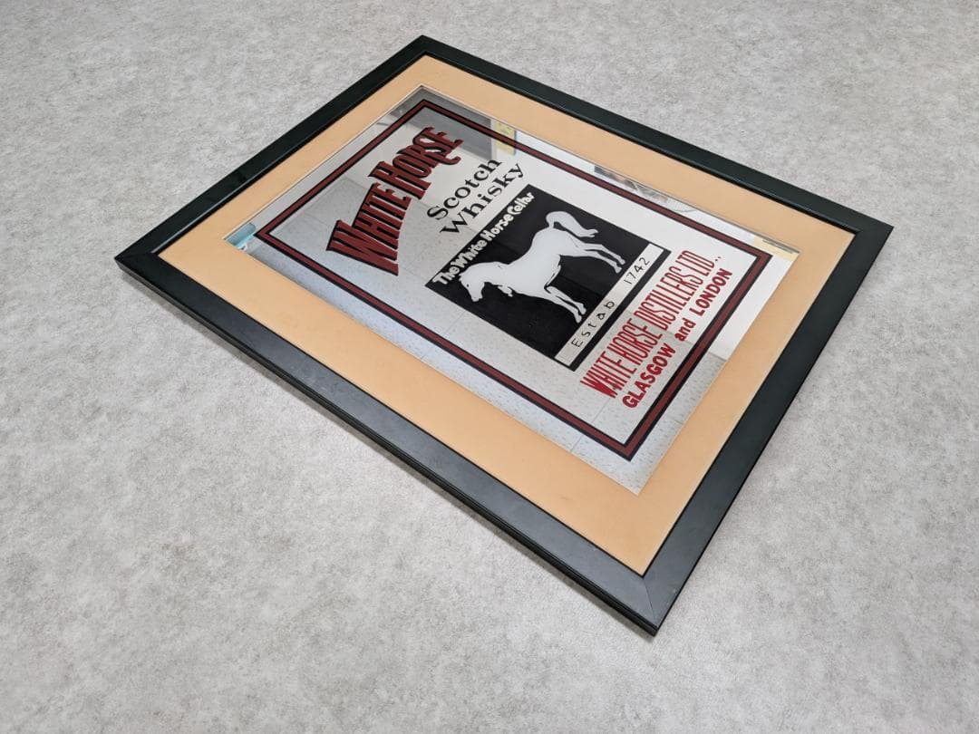 アンティーク WHITE HORSE ホワイトホース パブミラー 鏡 額入り