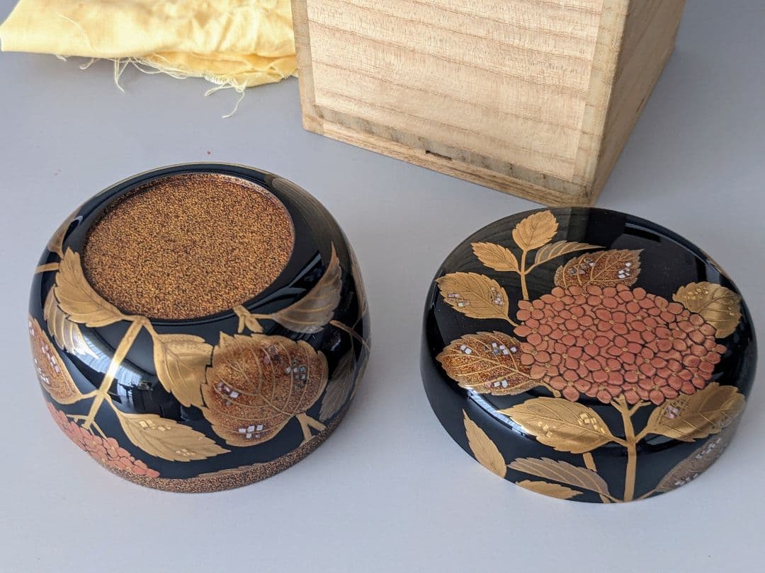 松永松寛　あじさい蒔絵平棗　堀内宗完(兼中斎)書付　共箱　梨地　茶道具　表千家