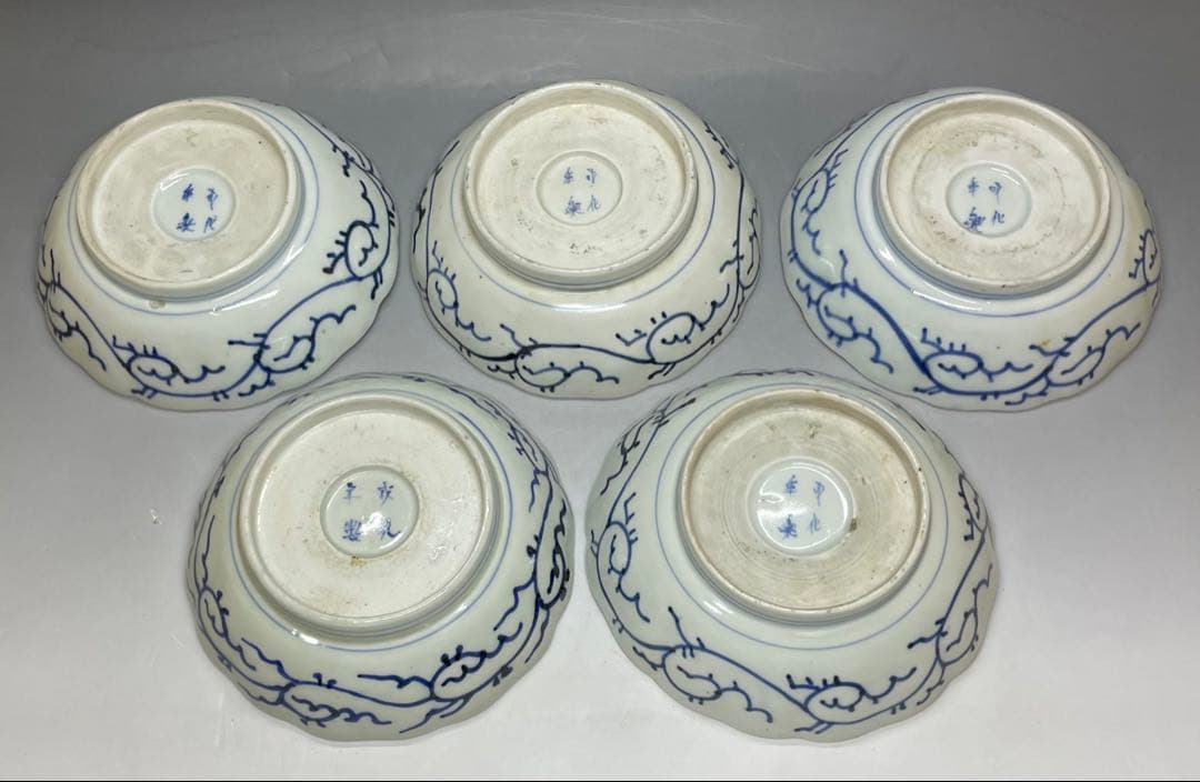 古伊万里　染付　蛸唐草文　松竹梅　膾皿　なます皿　5客　Ka334