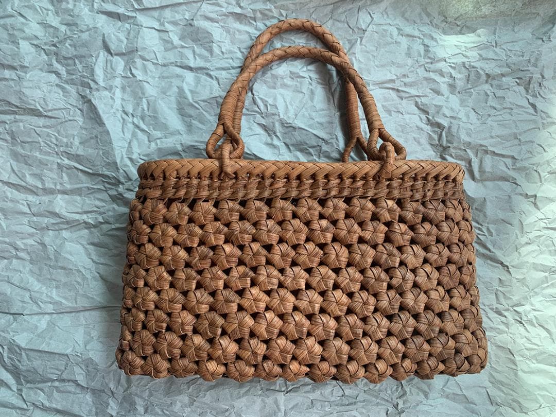 ✨美品✨六角花結び編み 山葡萄 かごバッグ 職人手編み 手提げ 内布付き