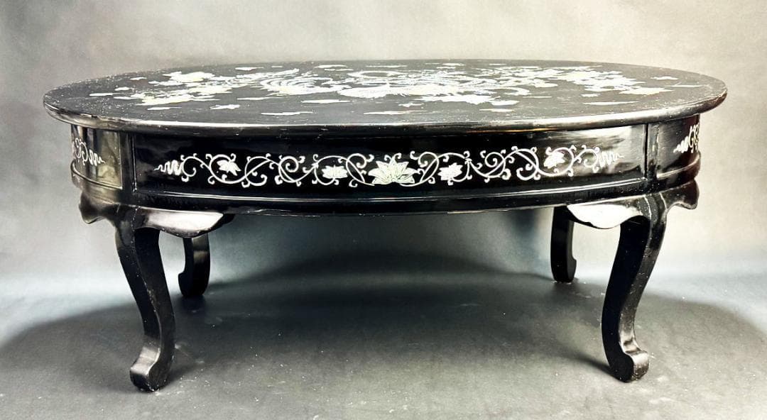 精密螺鈿 漆器花鳥文座卓 民芸家具 オーバル型 和風 リビング WWWT091