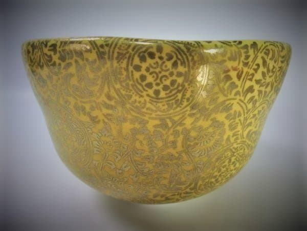 京焼 清水焼 銘「華月」黄釉 茶道具 抹茶茶碗