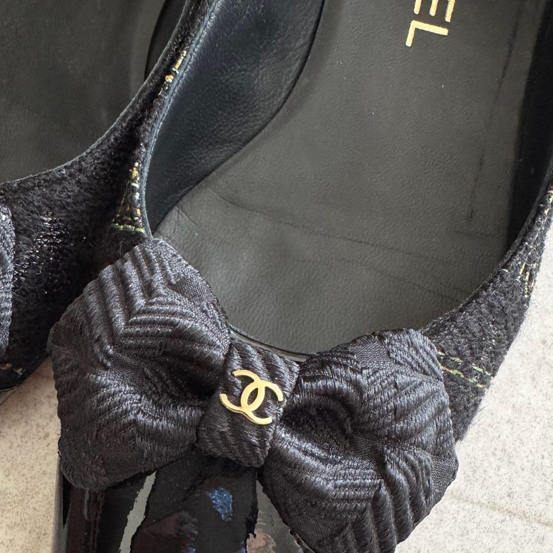 シャネル　パンプス　ココマーク　リボン　ツイード　黒　エナメル切替　保存袋　37