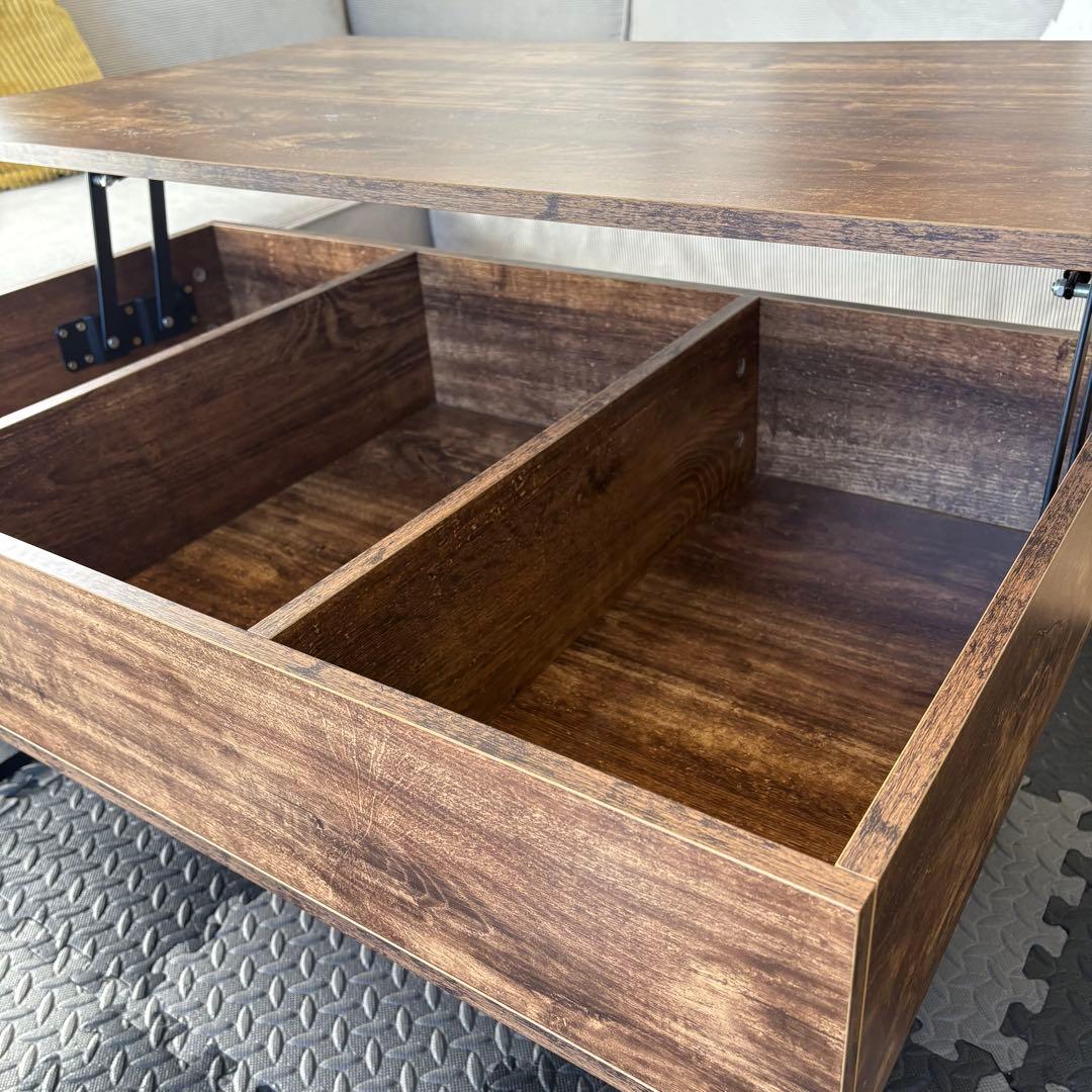 昇降式ローテーブル ブラウン木目調 収納付き