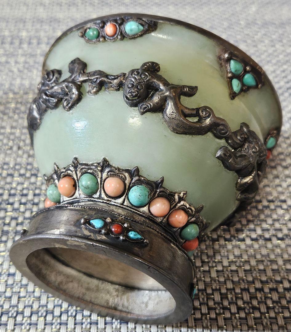 時代古作品❗中国古美術　大陸古美術　チベット古美術　銀彩龍飾り玉飾　酒杯　香炉