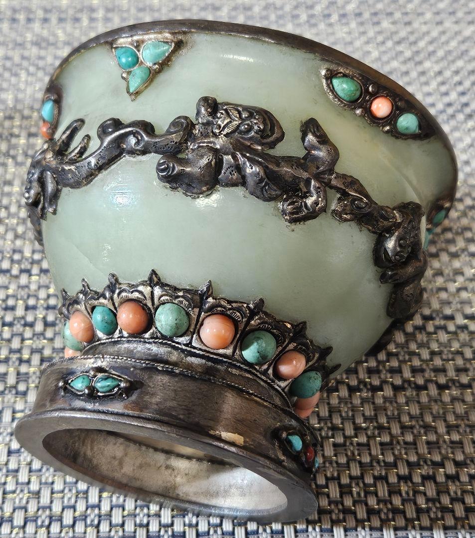 時代古作品❗中国古美術　大陸古美術　チベット古美術　銀彩龍飾り玉飾　酒杯　香炉
