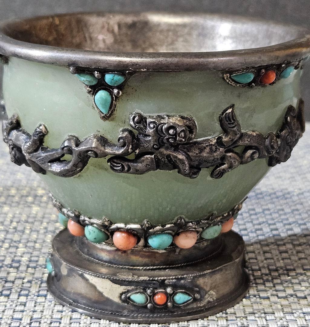 時代古作品❗中国古美術　大陸古美術　チベット古美術　銀彩龍飾り玉飾　酒杯　香炉