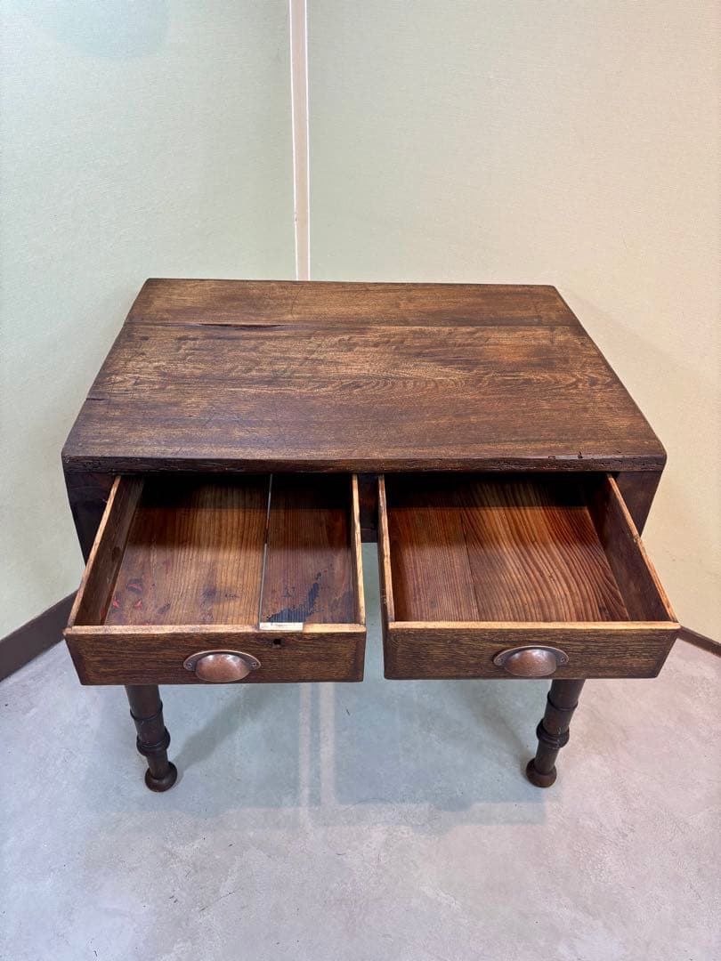 古家具 アンティーク机 2杯引き出し サイドテーブル ろくろ脚 無垢