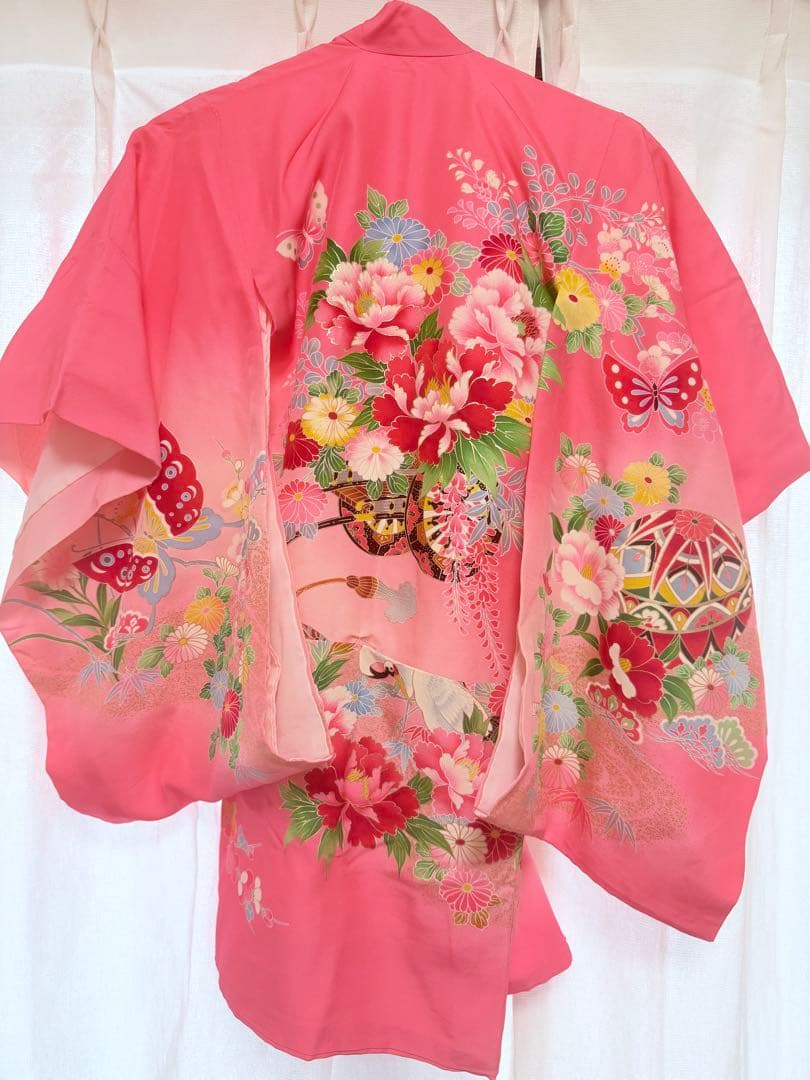 七五三用ピンク着物 花柄 蝶模様