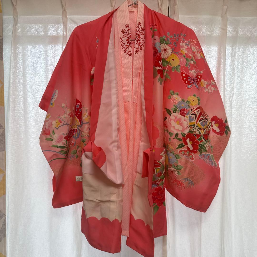 七五三用ピンク着物 花柄 蝶模様