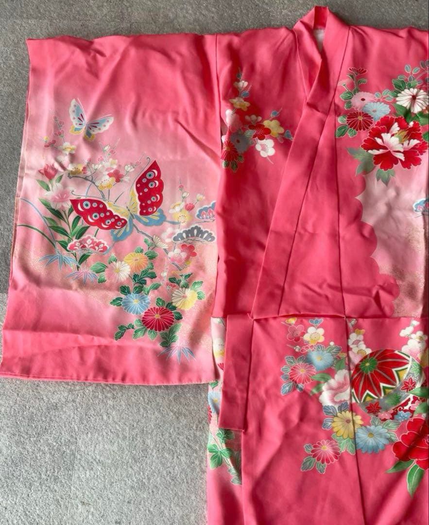七五三用ピンク着物 花柄 蝶模様