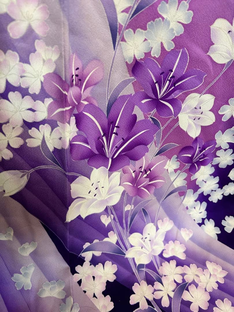 トール振袖 濃紫×藤色 花吹雪 流れ模様 身丈168 裄63 袖丈107