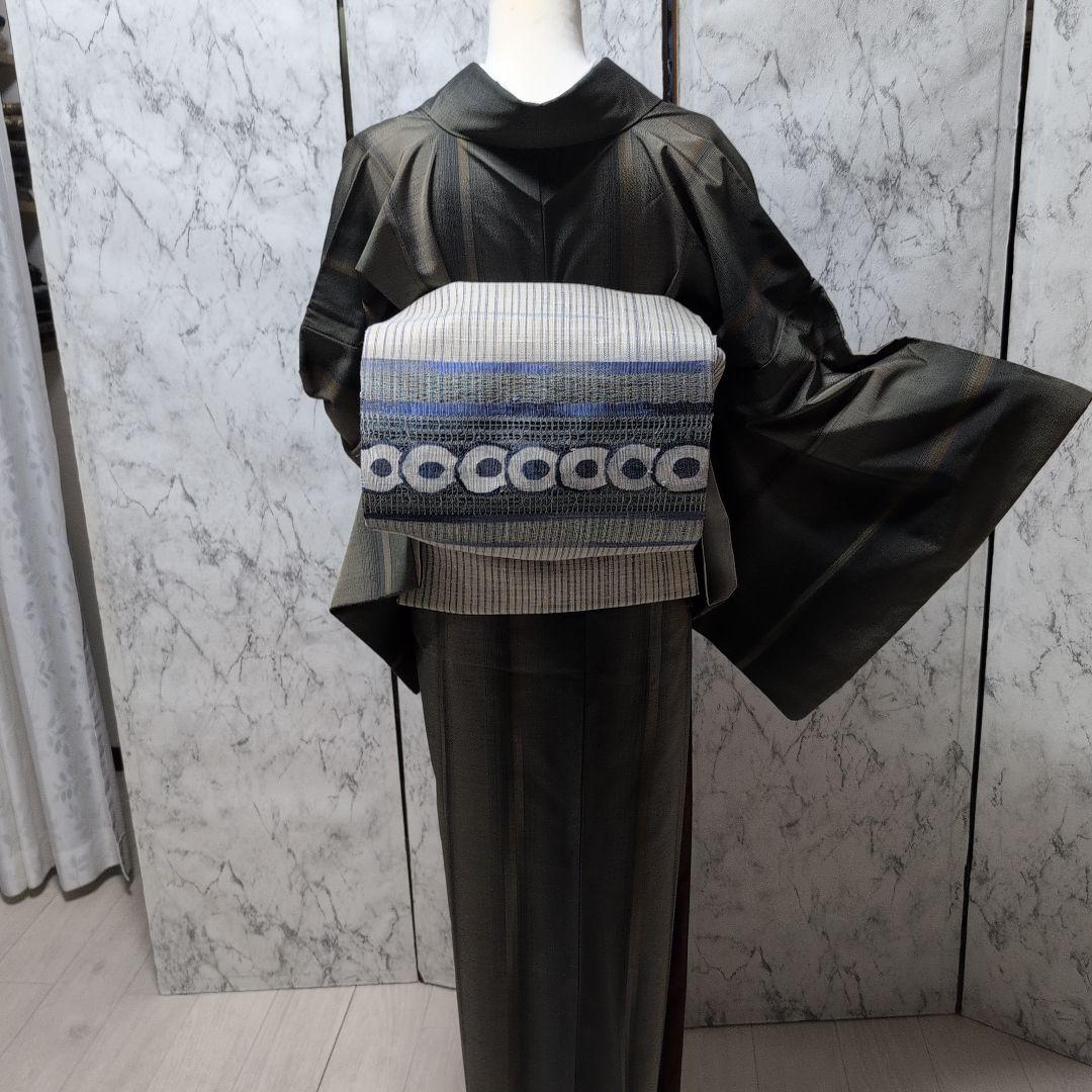 正絹大島紬小紋着物 　ストライプ　モスグリーン系色々