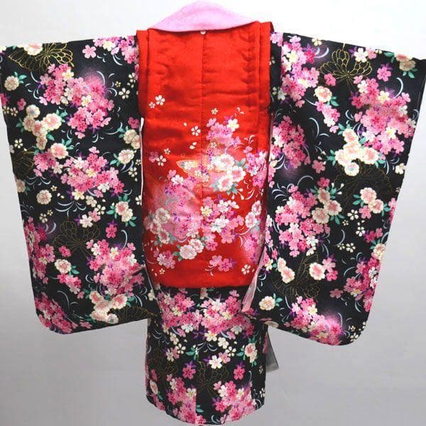 七五三 三歳 女児 被布着物祝着フルセット 黒×赤 半衿ファー付 お仕立て無料