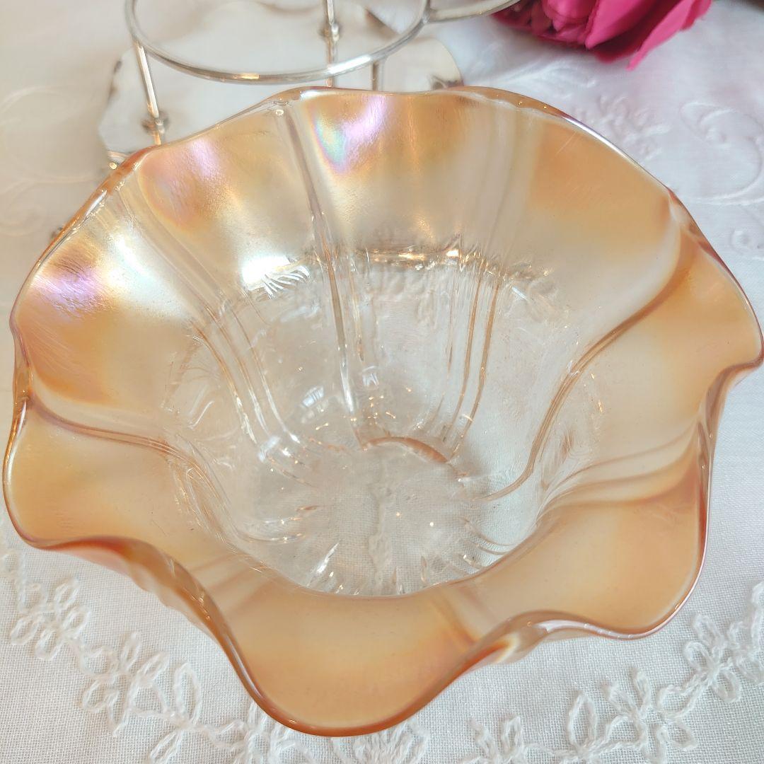 シルバースタンド付ジャムデッシュ　アンティーク　フリルガラス　オーロラガラス