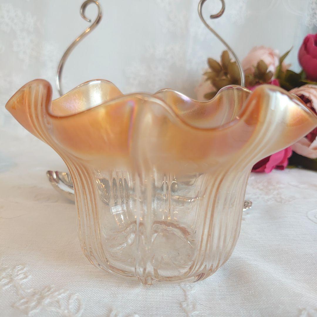 シルバースタンド付ジャムデッシュ　アンティーク　フリルガラス　オーロラガラス