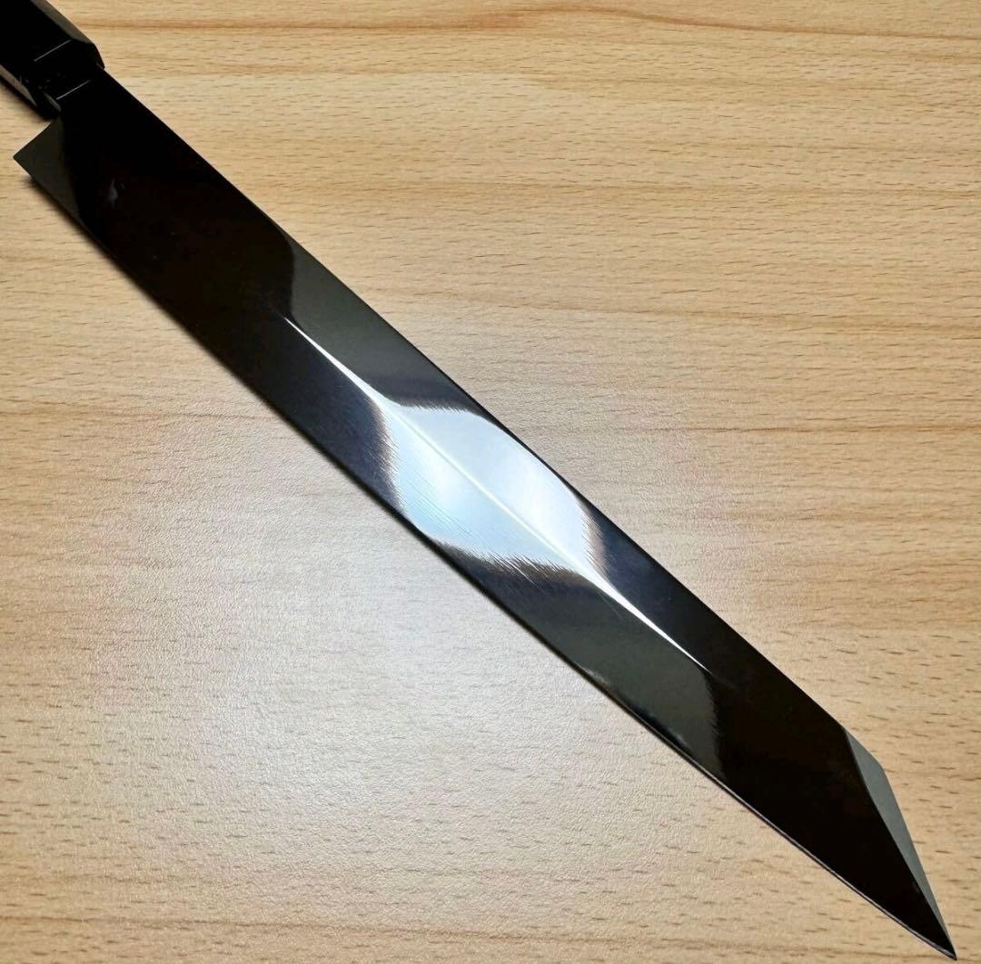 切付柳刃包丁　鏡面　黒檀本牛角八角柄　刺身包丁　（全鋼）