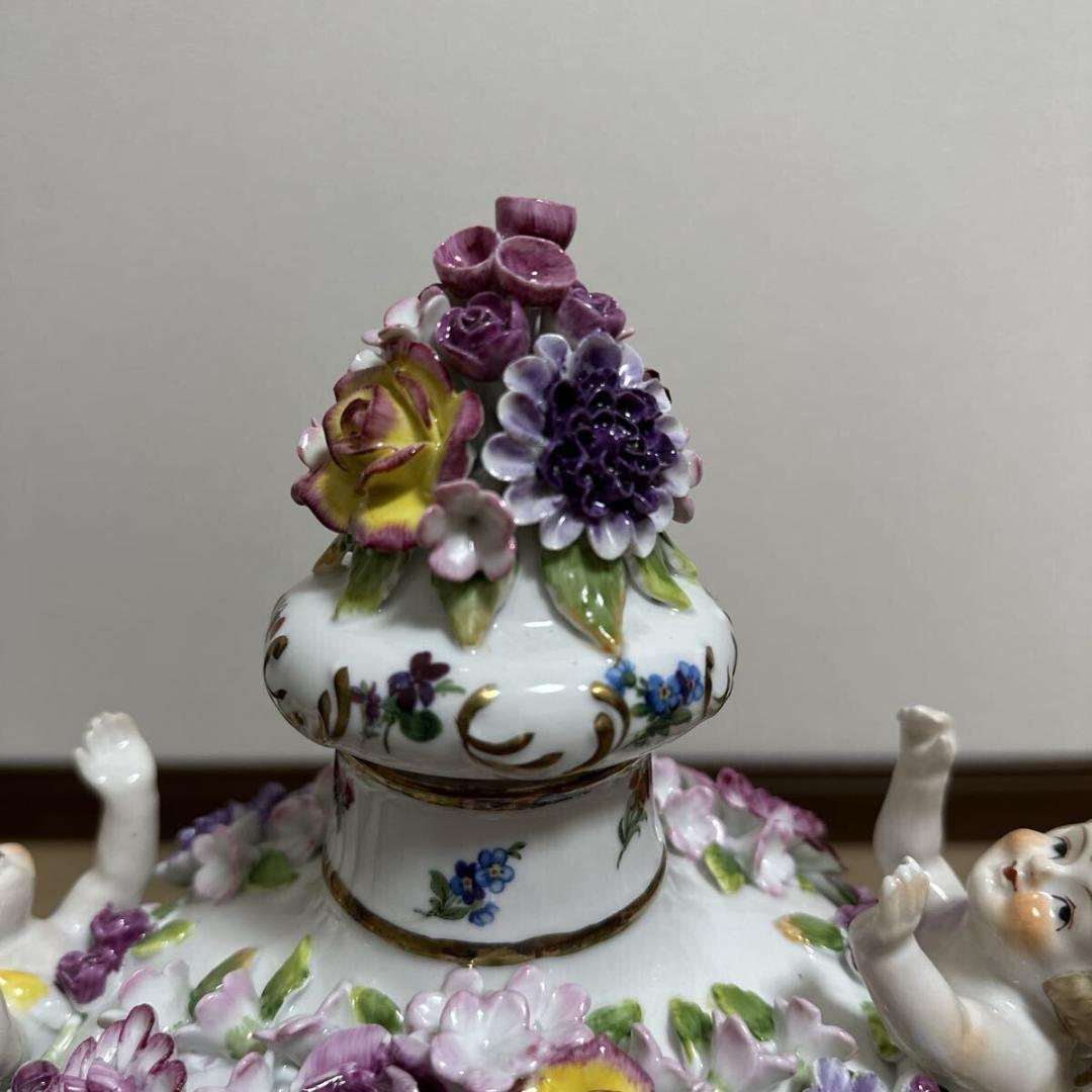 マイセン 色絵金彩 細密細工 手描き画天使 花蓋付飾り壷 花瓶 高さ43cm