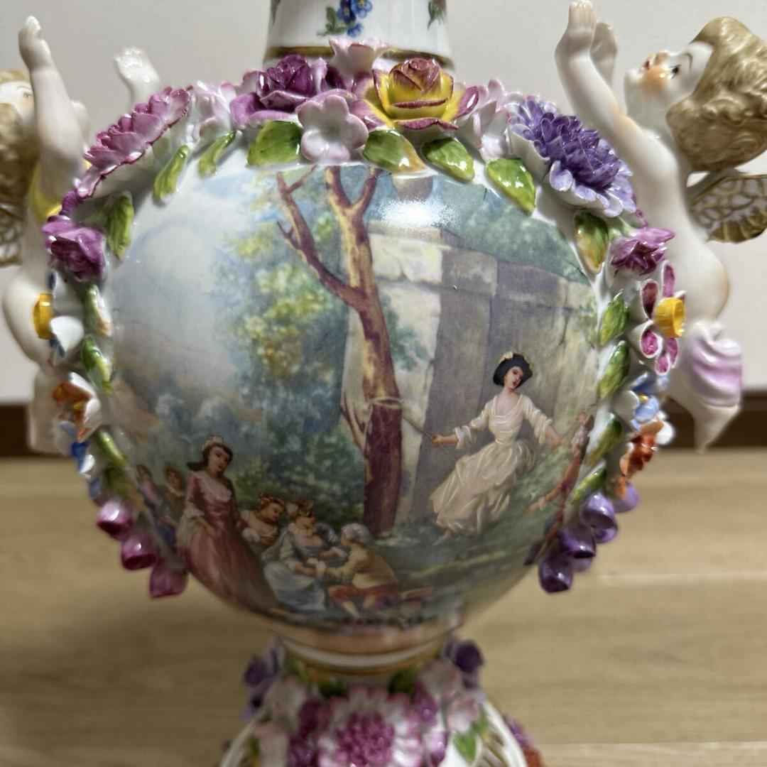 マイセン 色絵金彩 細密細工 手描き画天使 花蓋付飾り壷 花瓶 高さ43cm