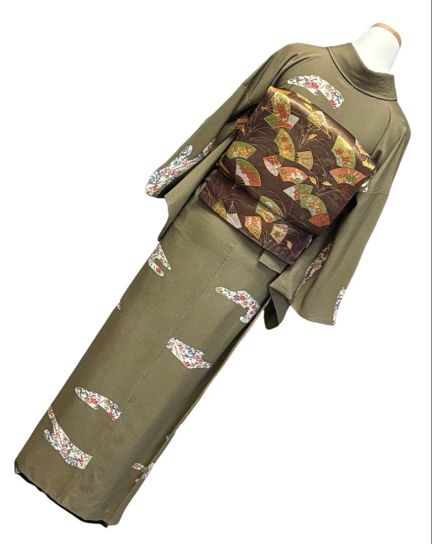 K-1◆小紋 拾 フルセット◆正絹 ちりめん◆ゆったりサイズ◆着物 4点セット◆