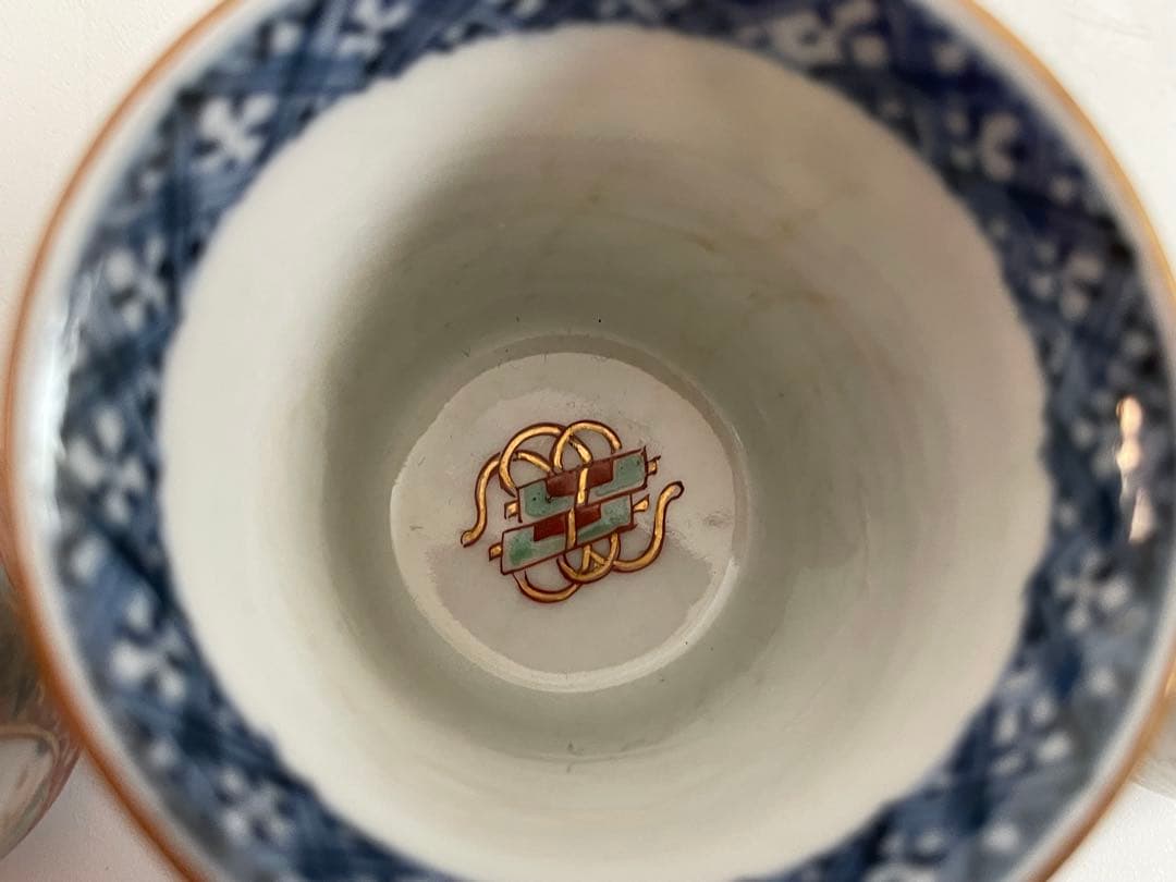 骨董　アンティーク　古伊万里　大聖寺伊万里　色絵　唐草鯉図　筒盃　猪口　五客