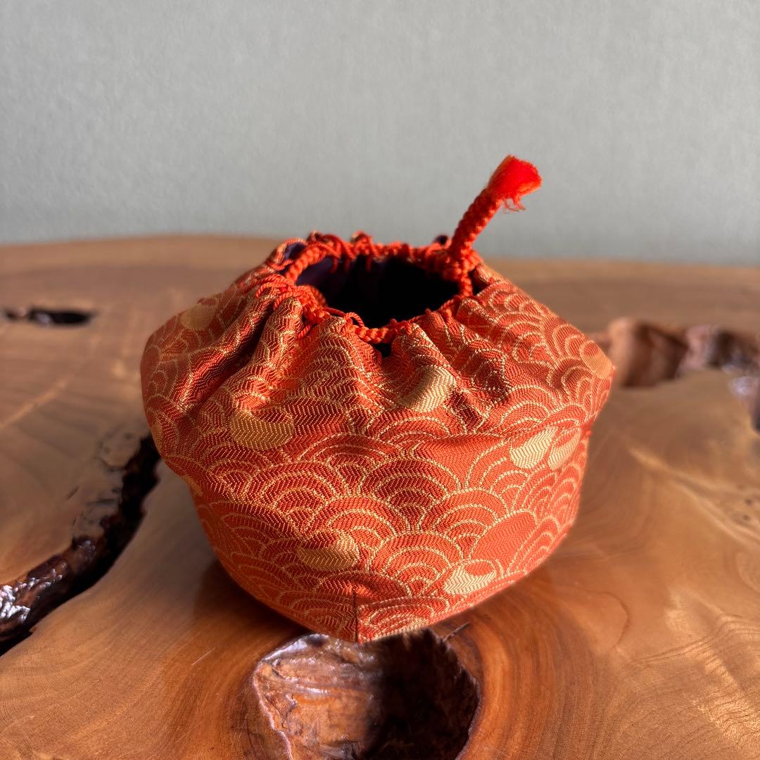 老松割蓋茶入 宗山造 西陣織仕覆付（覚々斎好青海波つぼつぼ）茶道具 共箱