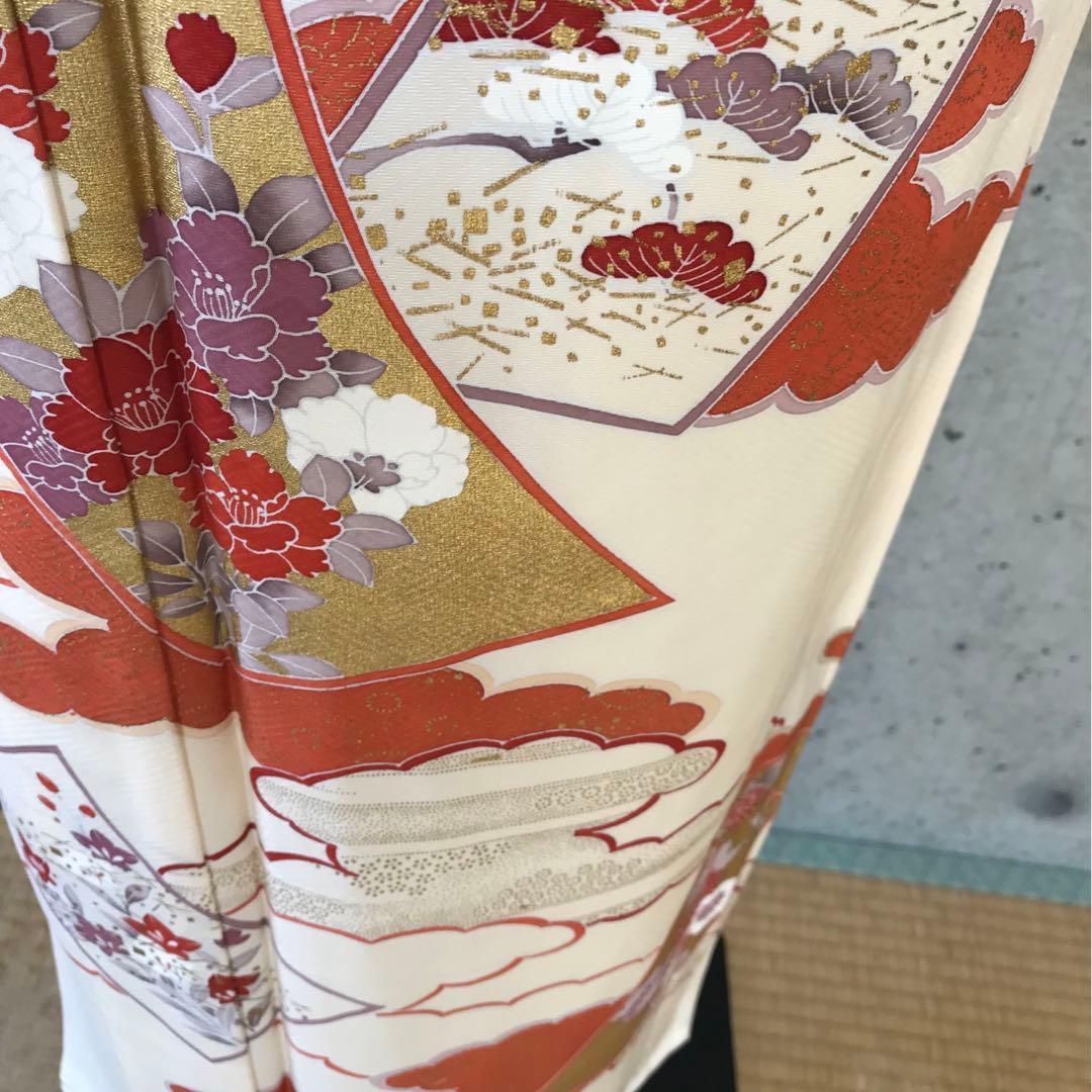 【単衣】正絹　訪問着　雲取りに花柄　金箔　居敷当て無し　小さめサイズ