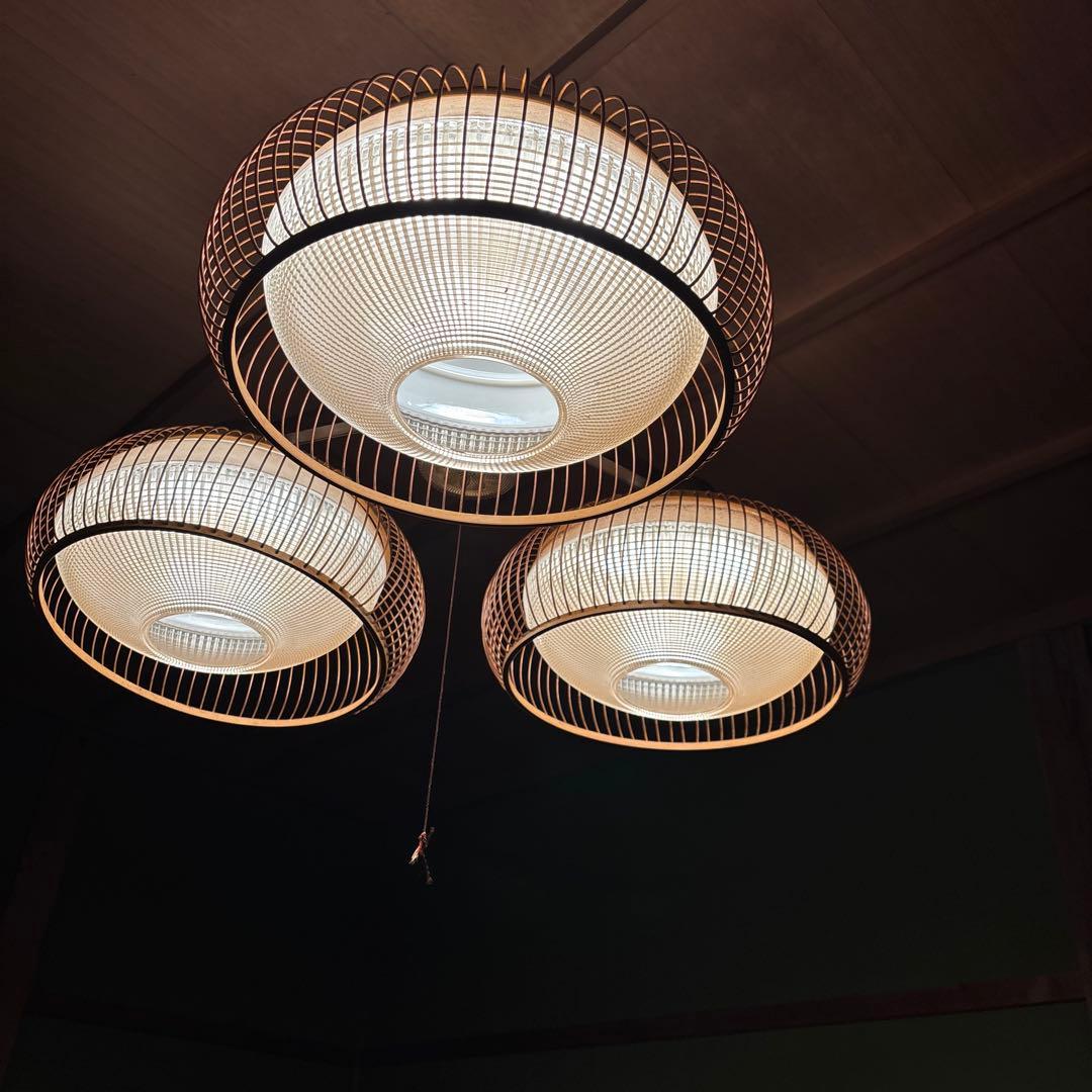 小*k様 昭和レトロ 和風ペンダントライト 3灯 竹×ガラス調 引き紐 旅館 古