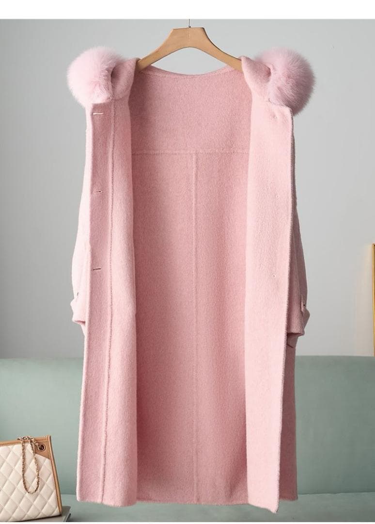 新品 フード付きフォックス衿☆優しい雰囲気のカシミヤ混ウール ロングコート