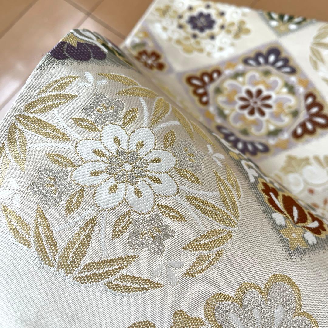 袋帯 西陣錦織 正絹 菱文 松竹梅 桐 菊など ベージュ系 控えめ金 長尺 美品